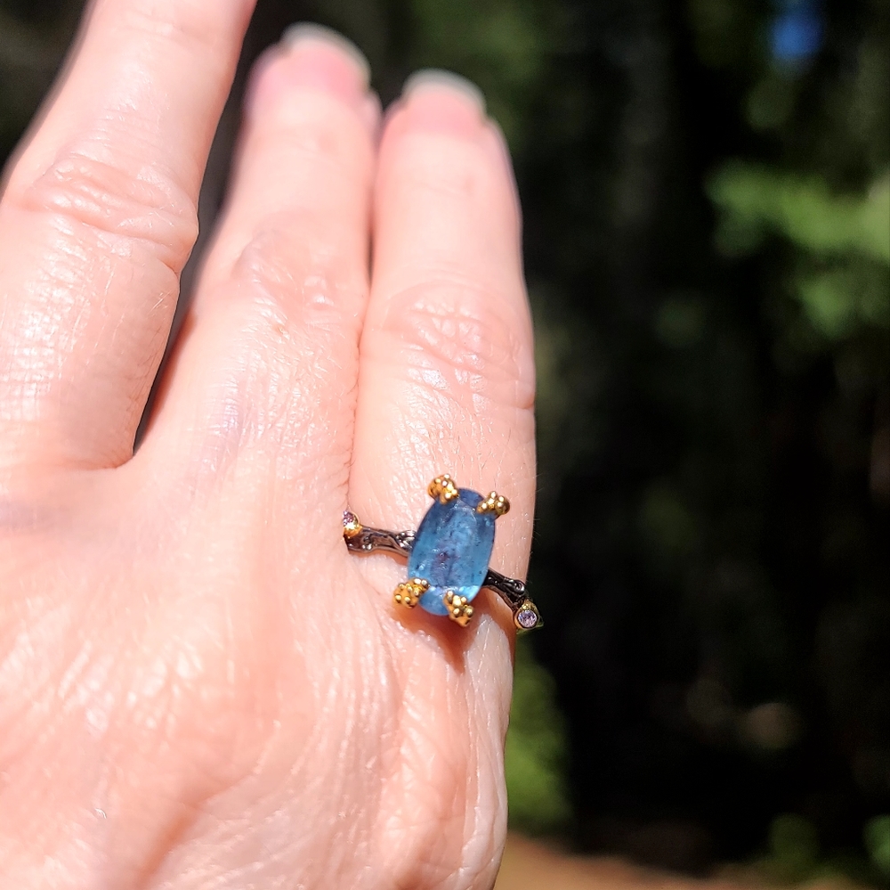 Kyanite & Amethyst elongated cushion cut STUNNING wreath sterling &gold ring sz9 - Picture 5 of 10